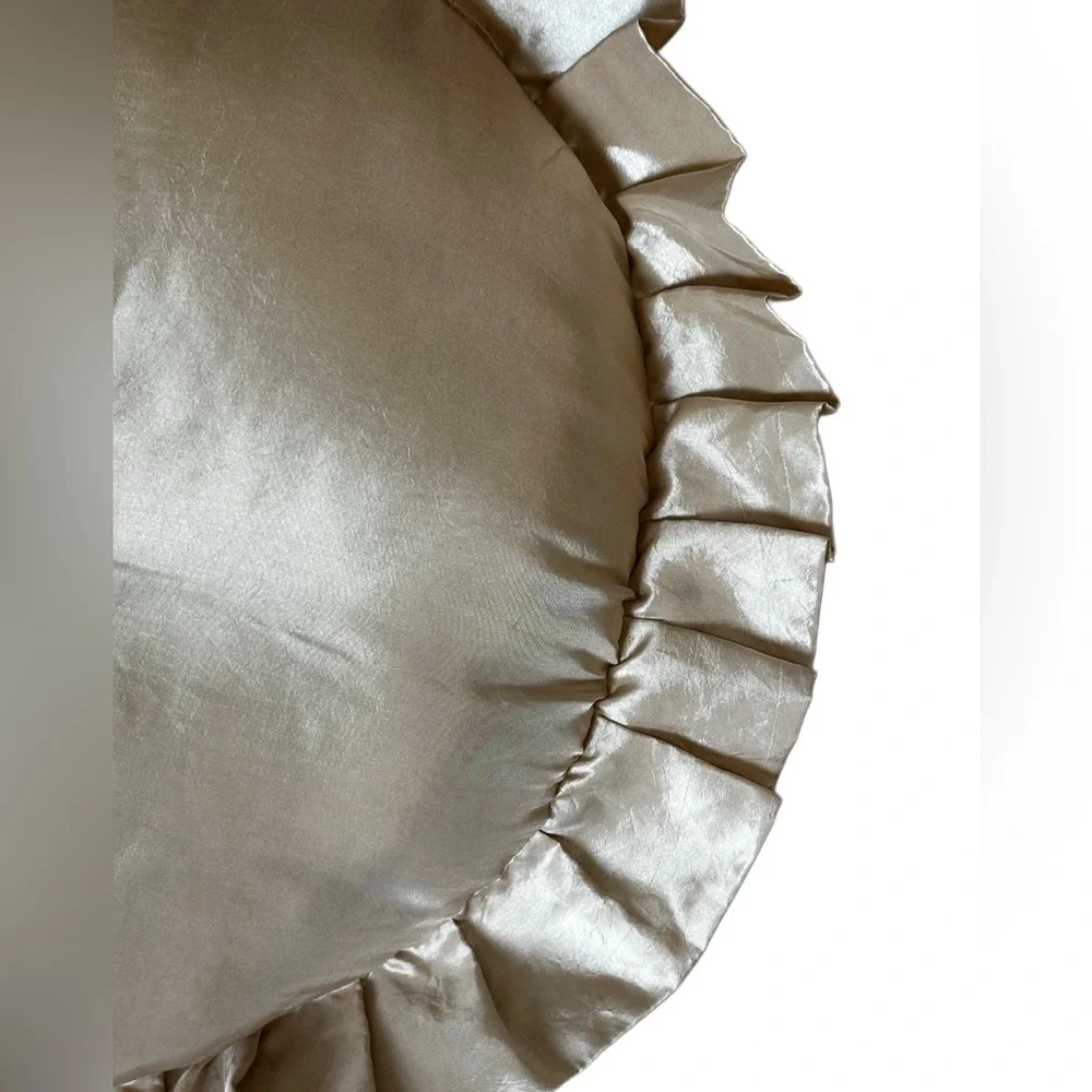 Vintage Round Ruffled Decorative Pillow in Champagne satin 21” across pretty
